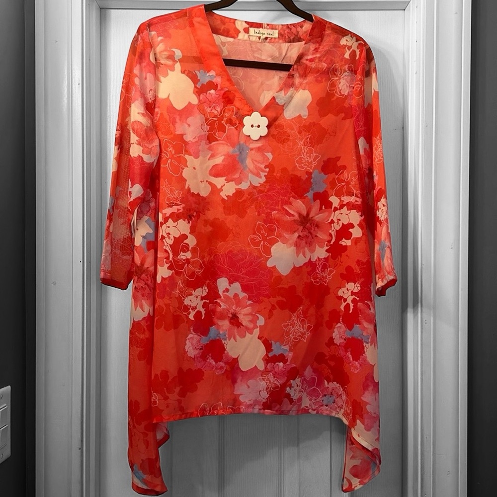 indigo soul Sheer Shark-bite Tunic Floral Blouse